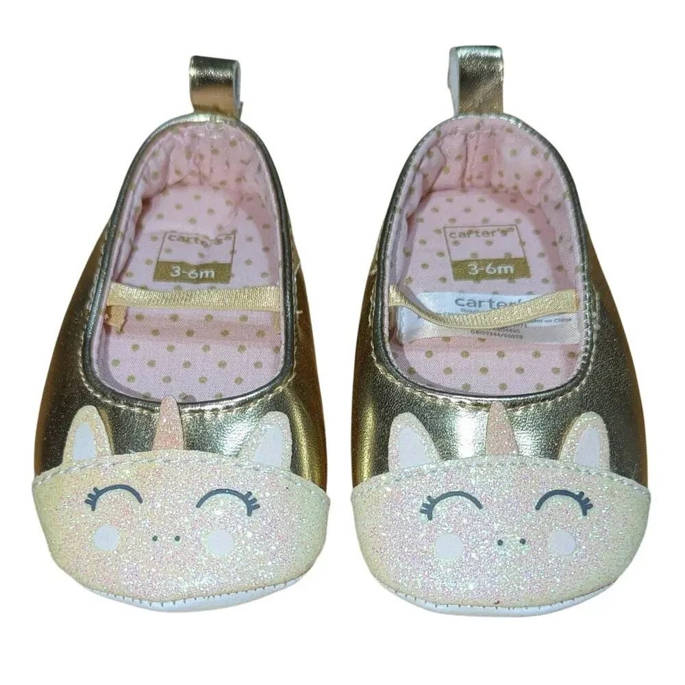 Carter's Ballet Flats Size 2 Gold Unicorn Glitter Baby Girls 3-6 Mo. Crib Shoes